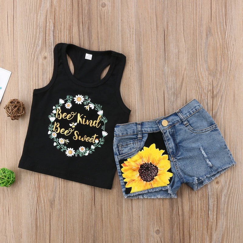 Honganda Fashion 2Pcs Toddler Kids Baby Girl Sunflower Outfits Sleeveless Tank Top+Denim Shorts Summer Clothes (Black, 3-4T) - Image 3